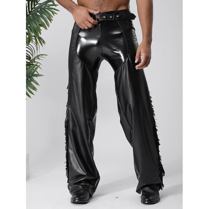 Чоловічі штани з еластичної шкіри (лак) TiaoBug, чорні, XL. Штани з еластичної шкіри, лакові, з бахромою, для вечірок та клубів