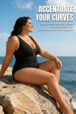 Купальник суцільний жіночий Yonique Plus Size, корейка з шнурівкою, V-подібний виріз, слімінг ефект, чорний