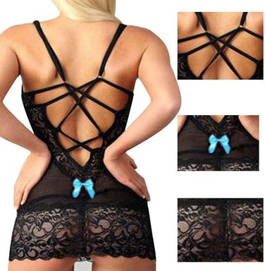 AKAZI Сексуальна білизна на День святого Валентина, жіноча спокуслива білизна, чорна мереживо, мереживна нічна сорочка з зав'язками, виріз, babydoll спідниця, сукня, боді (Синій XXL)