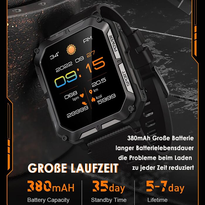 Тактичний смарт-годинник для чоловіків Military Watch: водонепроникний IP68, 1.83