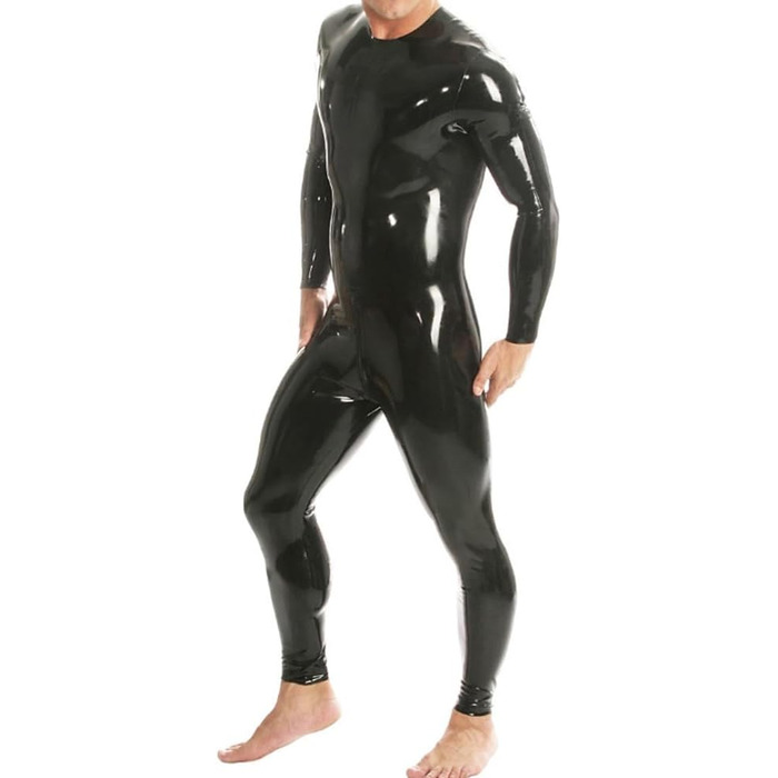 Чоловічий латексний catsuit з ефектом вологого блиску, чорний, XXL. Латексний комбінезон з блискавкою, довгі рукави, з шліц-ременем.