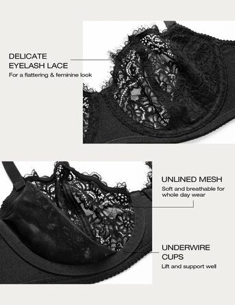 Балконний бюстгальтер Deyllo з пуш-ап та кісточками, мереживний Dirndl, великі розміри, м'які чашки, Bralette, глибокий виріз, чорний, 90B