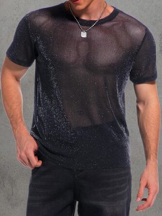 Чоловіча футболка Hawiland з блискітками, сітка, мереживо - для вечірок, клубів, рейв-вечірок. Чорний колір, розмір S