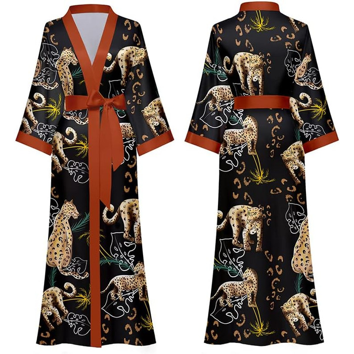 Жіночий халат-кімоно з атласу, максі, довгий, з квітковим принтом, легкий літній халат, жіночий халат для сну, піжама для вечірки, леопардовий принт (універсальний розмір)