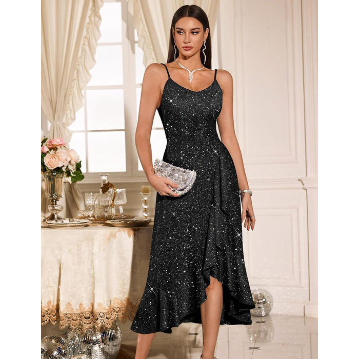 Сукня коктейльна DRESSTELLS для вечірки, весілля, святкування. Чорна, з блискітками, на тонких бретелях, довжина до коліна. Елегантна, для святкових заходів. Розмір L