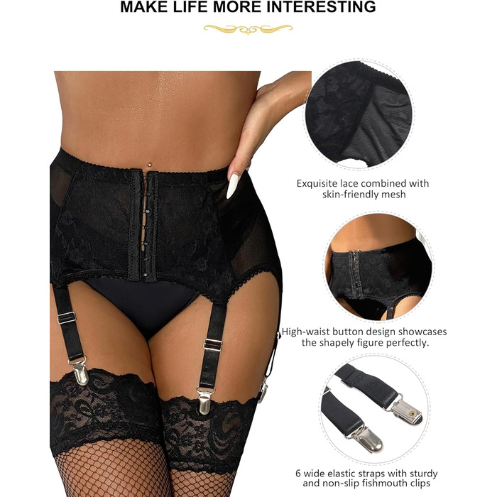 Чорні мереживні панчохи з широким поясом та шорстками на плечах, розмір XS-S