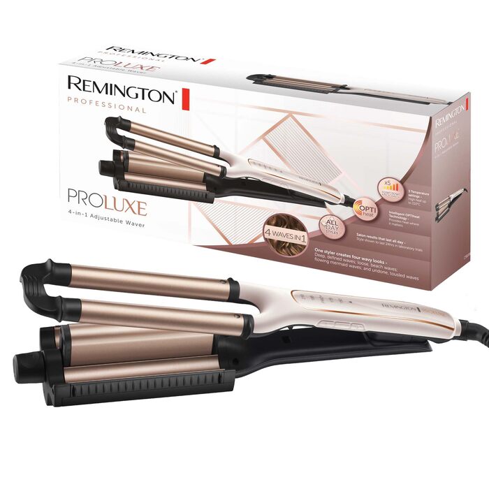 Мультистайлер 4-в-1 Remington ProLuxe CI91AW для завивки та гофре: плойка для пляжних та природних хвиль, цифровий дисплей, регулювання температури до 210°C, колір Біла троянда