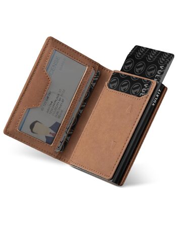 Чоловічий шкіряний картхолдер VULKIT з монетницею, вікном для ID та RFID/NFC захищеним алюмінієвим кейсом для 10 карток, Коричневий