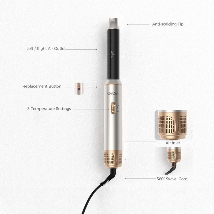 Мультистайлер для волосся 5 в 1 UKLISS Airstyler Pro 1000W: фен, брашинг, гофре, випрямляч та завивачі для сушіння та укладки, Сріблясто-золотий