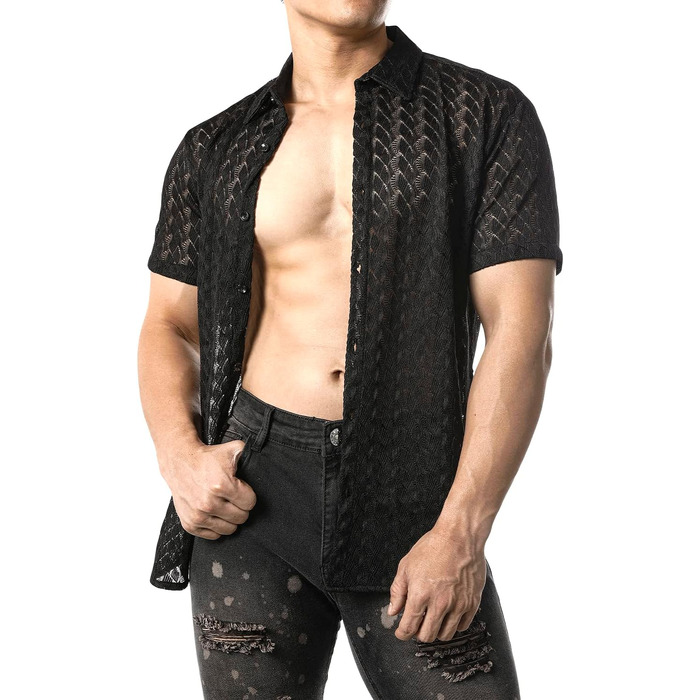 Чоловіча сорочка JOGAL з мереживом, чорна, літня, коротка, вільний крій