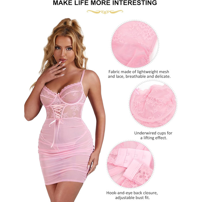Сексуальна спідня сорочка Keid для жінок з пишними формами, мереживна, прозора, міні-сукня, Push Up, нічний халат, великі розміри, спідня білизна, рукава, V-подібний виріз, нічна сорочка з гачками, для вечірок, клубної моди (Рожева, XXL)