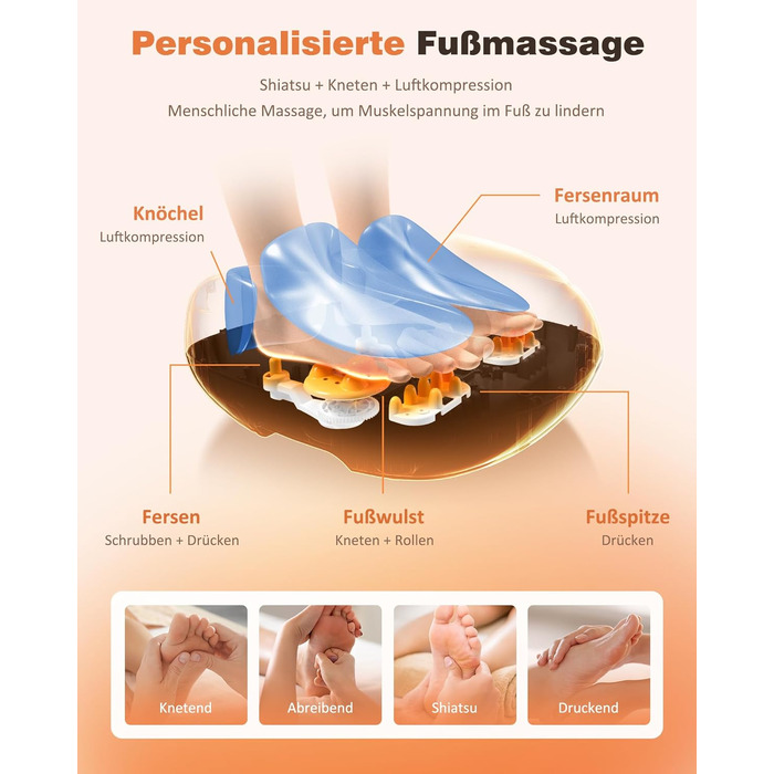 Електричний масажер для ніг Shiatsu з підігрівом, функціями розминання, роликами та повітряною компресією, 3 режими масажу, сірий