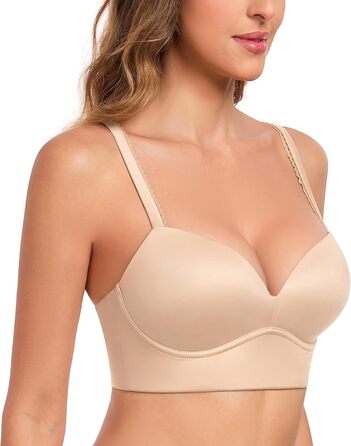 Трусики Lemorosy BH для жінок без кісточок Push Up, безшовні, з глибоким V-подібним вирізом, класичні, зручні, повсякденні бюстгальтери з широкими бретелями (80C, бежевий)