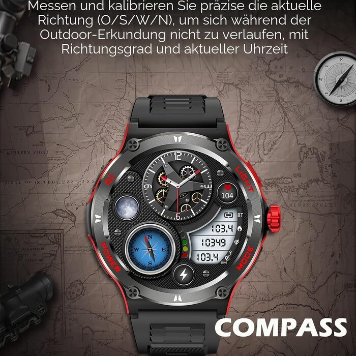 Смарт-годинник findtime Military Edition: водонепроникний тактичний годинник з компасом, LED-ліхтариком та функцією дзвінків, моніторинг пульсу 24г, для Android та iOS (Червоний)