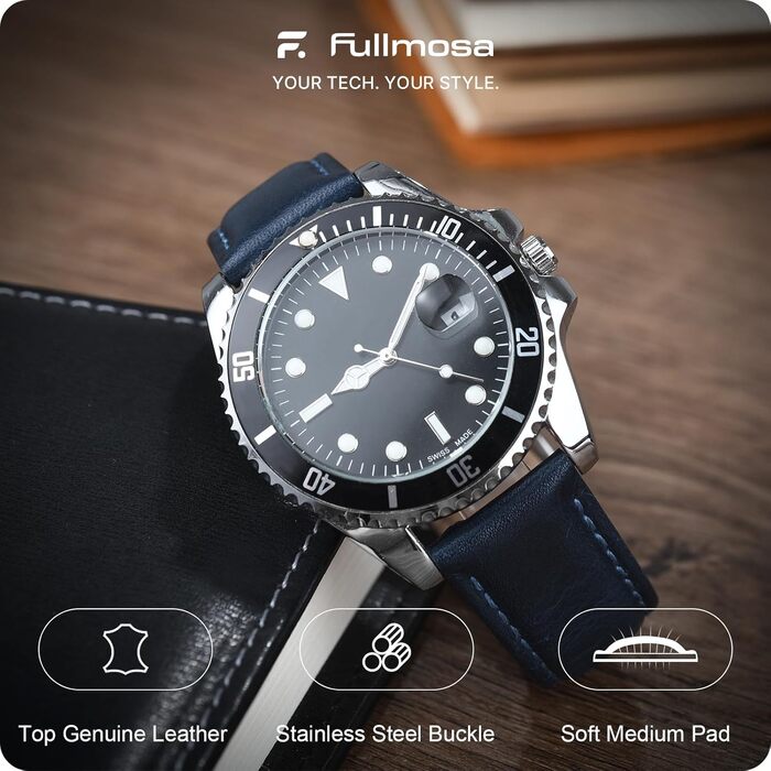 Шкіряний ремінець Fullmosa 22 мм для Samsung Galaxy Watch 46 мм, Galaxy Watch 3 45 мм, Gear S3 Frontier/Classic, синій градієнт, срібляста застібка