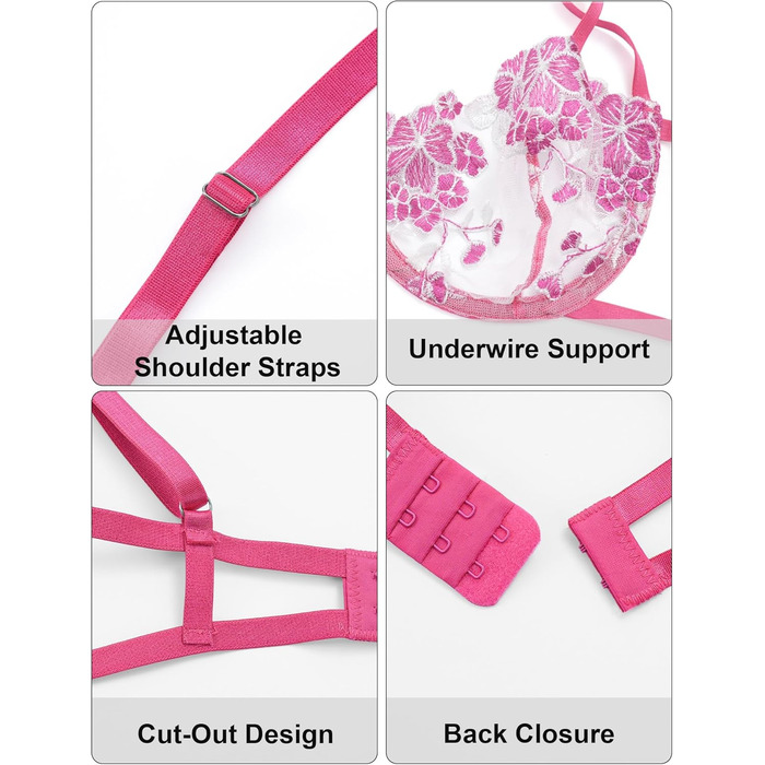 AEAU Комплект жіночої білизни: мереживний бюстгальтер та танга, прозорий, push-up, мереживний, квітковий, бралетта, S-XL (Рожевий, XL)