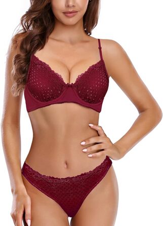SHEKINI Сексуальний жіночий комплект: бюстгальтер з кісточками, push-up, мереживо, з підтримкою, тангі, глибокий виріз, відкрита спина, бюстєль, спідня білизна для жінок (Вишневий, 6114, S)