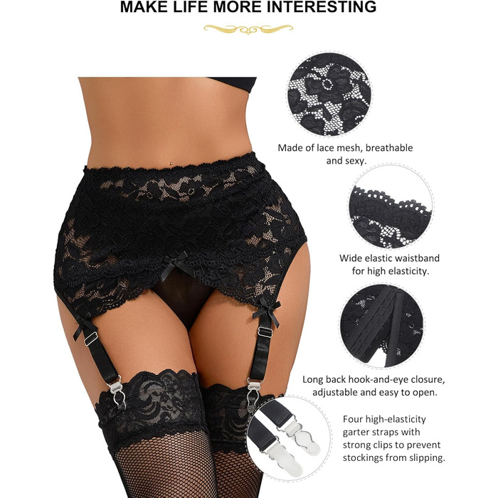 Сексуальний комплект спідньої білизни Ohyeahlady: широкий стрейчевий пояс-стрінг з мереживом, кліпсами та 4-ма стріжками. Великі розміри (3XL-4XL), чорний набір з пояса та панчіх.
