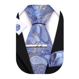 Набір краватки для чоловіків Barry Wang: однотонна satin-кравітка з візерунком пейслі та хусткою в кишеню, темно-синій та світло-синій кольори, весільний комплект