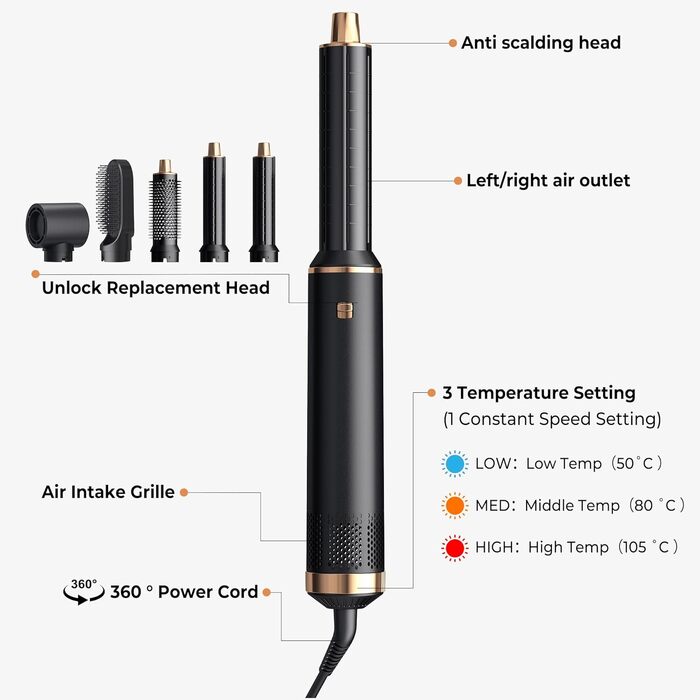 Мультистайлер для волосся 5 в 1 MogaWave Airstyler Pro 1000W: фен-щітка, плойка для локонів, об'ємний стайлер з іонізацією, чорний