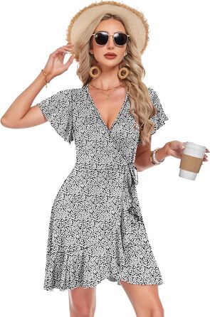 Сукня Soerkleid Daen V-подібний виріз, з запахом, висока талія, пляжна, легка, літня, чорно-біла в листя, розмір M
