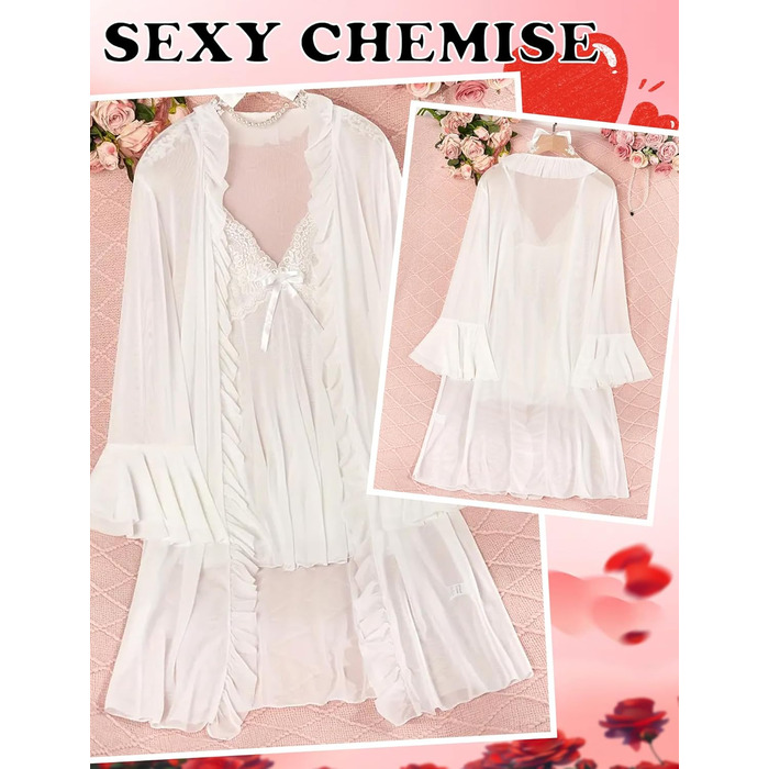 Жіночий комплект нижньої білизни AIEOE: мереживний халат-комбінезон з babydoll та нічна сорочка (білий, L)