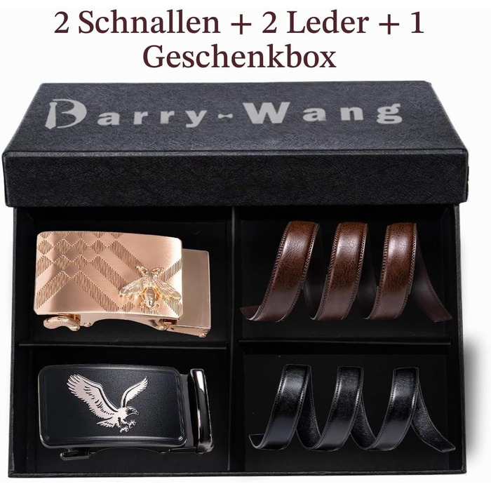 Чоловічий шкіряний ремінь Barry.Wang з автоматичною пряжкою (Black Brown Gold Bee), 130 см — класичний бізнес-подарунковий набір