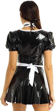 Костюм горничної з мереживом для дорослих: сексуальна клубна сукня з мереживом, шкіра, A-силует, чорний, з шортиками та головним убором