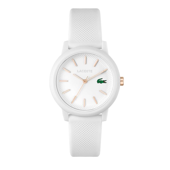Жіночий кварцовий годинник Lacoste 12.12 білого кольору з силіконовим ремінцем Petit Piqué