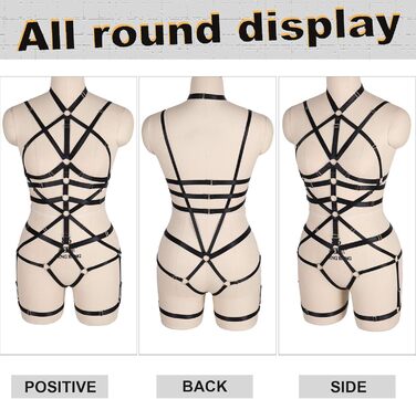 Комплект корсет, бра та стрінг з ремінцями для тіла, чорний, готичний стиль