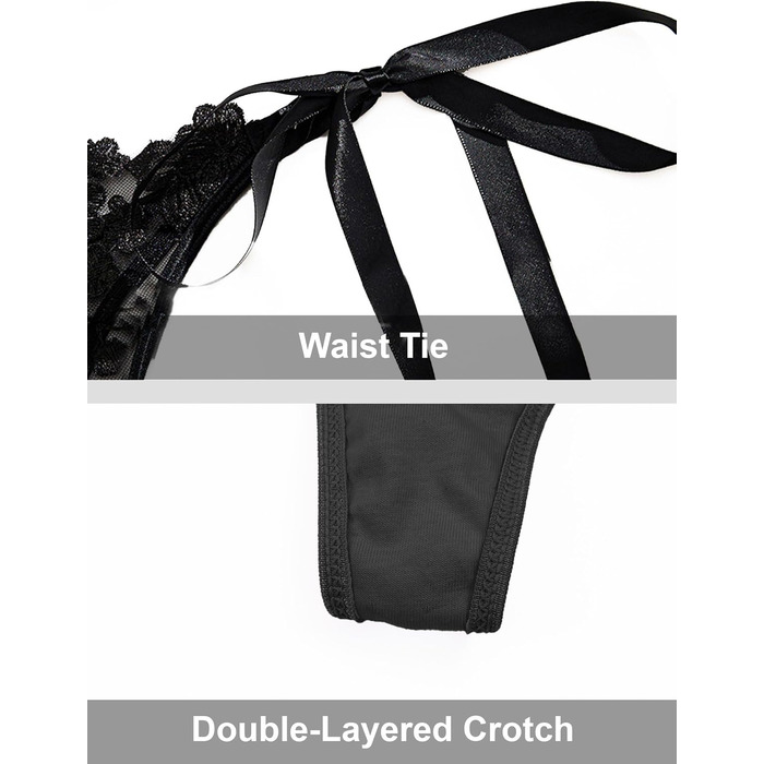 Сексуальна жіноча білизна Maeau: комплект бюстгальтера та танга з мереживом, мережаний прозорий трусики, пуш-ап, чорний, S-XL