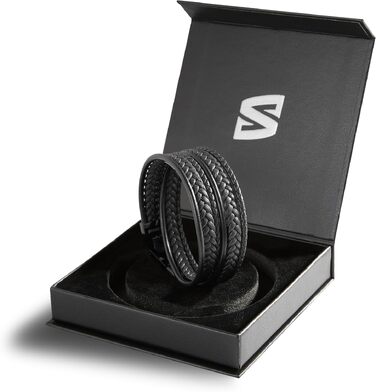 Шкіряний обплетенний браслет SERASAR Premium для чоловіків, чорно-коричневий, 34 см, застібка з нержавіючої сталі в подарунковій коробці