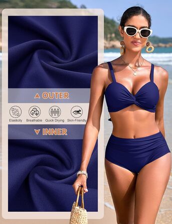 Бікіні жіночий комплект з високою талією, суцільний купальник push-up, двокомпонентний, з V-подібним вирізом, пляжна мода, бікіні для жінок (темно-синій, S)