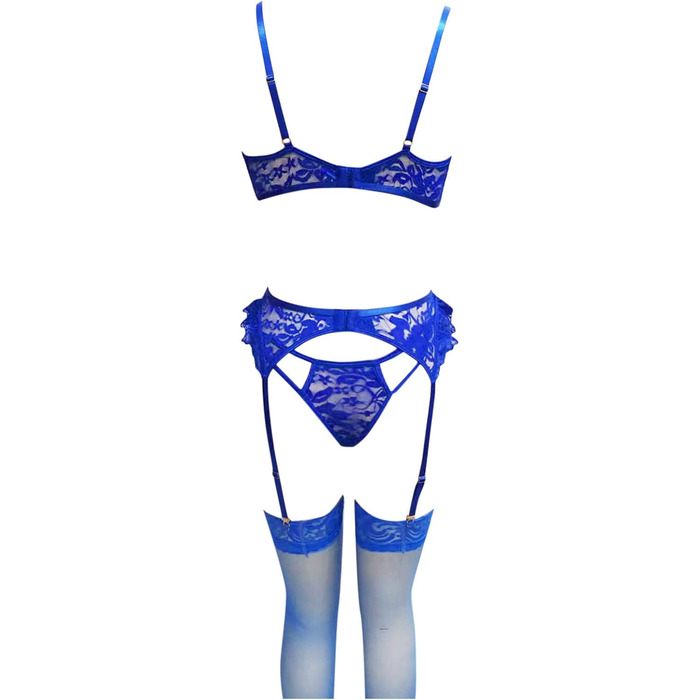 Сексуальний жіночий комплект спідньої білизни з стріжками: мереживний бюстгальтер push-up та труси G-string, висока талія, V-подібний виріз, блакитний, розмір XL