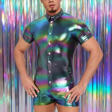 Чоловічий боді Landofgenie з металевим блиском, короткі рукави, комбінезон на бретелях (чорний, L)