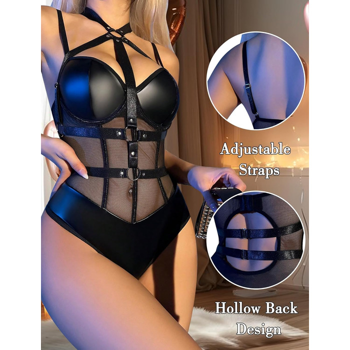 Боді FEOYA для жінок з вирізом, сітчаста тканина, прозорий, суцільний, спідня білизна, шкіряне тіло для косплею, вечірки, клубу, чорні ремінці S