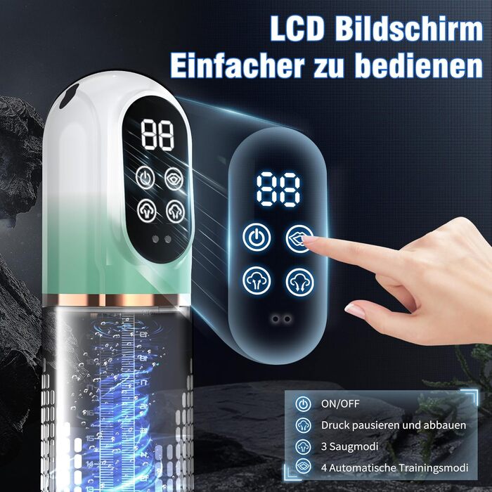 Пумпа для збільшення пеніса HIVEFUN: 4 режими всмоктування, 3 автоматичні тренувальні, водонепроникна (IPX7), сірий/зелений