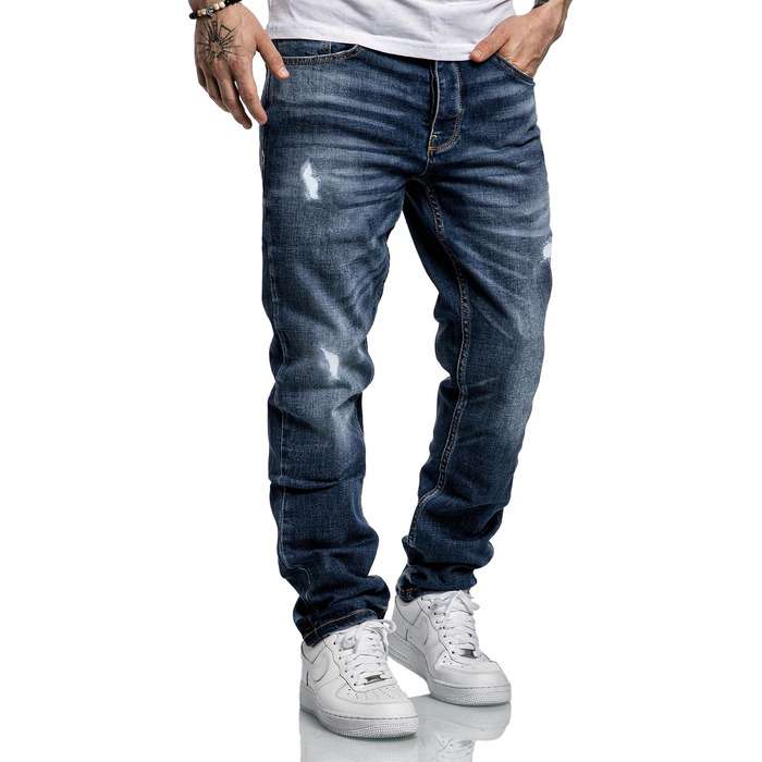Чоловічі джинси REPUBLIX Regular Straight Fit з ефектом Destroyed, темно-сині, модель R7998