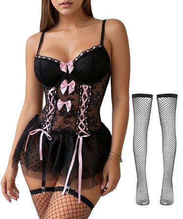 Комплект жіночої спокусливої білизни FEOYA: мереживний боді, корсет, трусики, панчохи, чорний, розмір XL