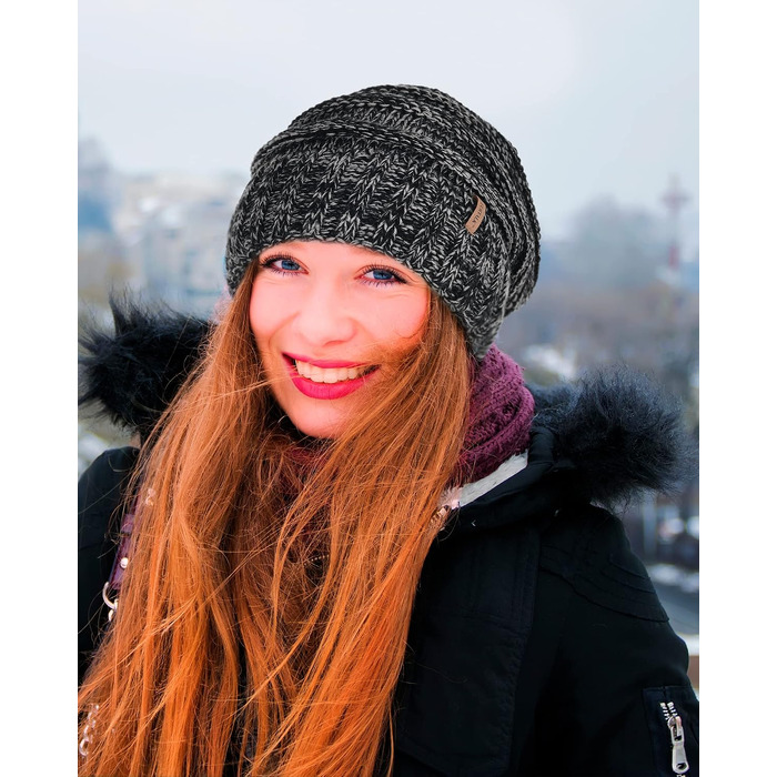 Жіноча в'язана шапка-біні FURTALK Slouch Beanie у стилі street style, тепла зимова шапка грубої в'язки, м'яка, чорно-сіра (один розмір)