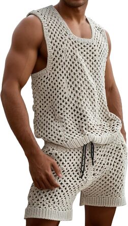 Костюм мереживний чоловічий AIEOE 2-кількісний, футболка та шорти, сітка, колір бежевий, розміри M-3XL