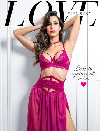 Сексуальний жіночий комплект спідньої білизни LOVE YOU з мережива: бюстгальтер, пояс, прозорий мереживний халат та стрінги (80B, Рожево-фіолетовий)