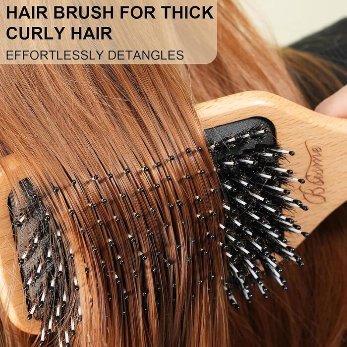 Дерев'яна щітка для волосся Bsisme з натуральною щетиною кабана та розплутуючими штифтами для жінок та чоловіків, проти статичної електрики та для блиску