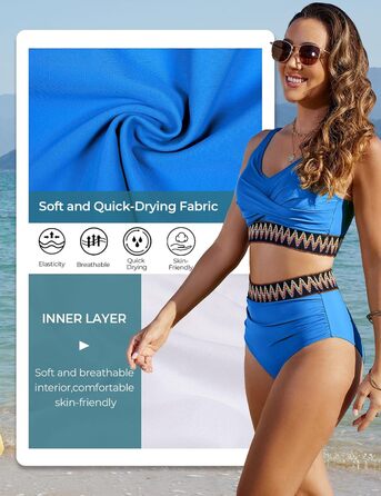 БІКІНІ Дамський Набір з Високою Талією, Бандо, Роздільний, Сексуальний V-Подібний Виріз, Пуш-Ап, Кольоровий Полосатий, Пляжний, Великі Розміри (Темно-синій, XL)