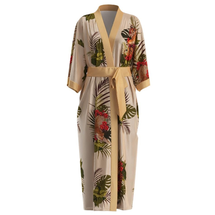 Домашній халат-кімоно з атласу, довгий, з квітковим принтом. Ідеальний для вечірки, весілля або спа-процедур. Розмір універсальний, колір: шампань, принт: тропічний джунглі