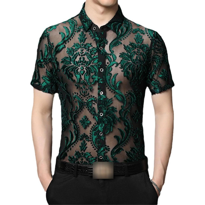 Чоловіча сорочка Yeuyyben з прозорою вставкою, літня, з коротким рукавом, дихаюча, для вечірок та клубів (XL, EN8)