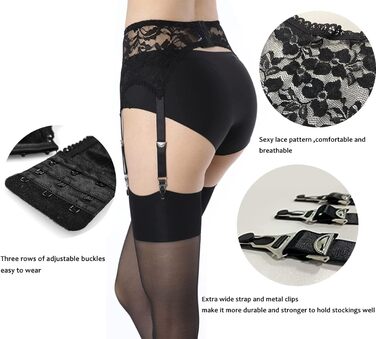 Жіночий ремінь-стріп-гурт з 6 гачками Klönkee, широкий, чорний, з мереживом