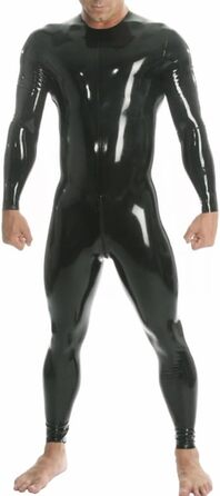 Чоловічий латексний catsuit з ефектом вологого блиску, чорний, XXL. Латексний комбінезон з блискавкою, довгі рукави, з шліц-ременем.