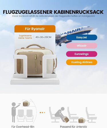 Рюкзак для ручної поклажі LOVEVOOK 40x30x20 см для Ryanair, Wizz Air, Eurowings, дорожня сумка для ноутбука 13.3