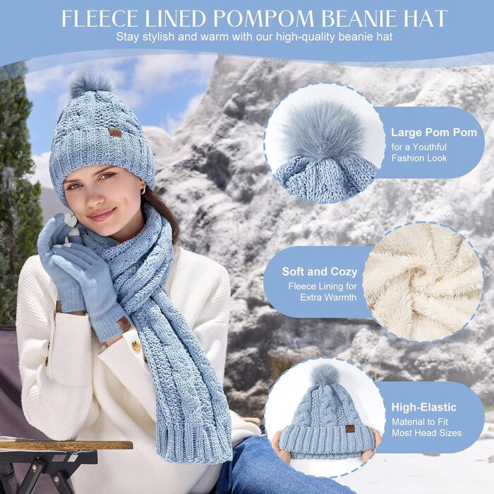 Зимовий подарунковий набір 3-в-1 для жінок HEEKPEK: тепла шапка, шарф та сенсорні рукавички (блакитний)